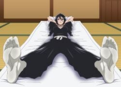 arms_behind_head ashilover44 black_hair bleach bleach:_sennen_kessen-hen bleach:_the_thousand-year_blood_war dark_hair dressed feet foot_fetish foot_focus footwear futon kimono kuchiki_rukia laying_down laying_on_back medium_breasts medium_hair purple_eyes shihakusho short_hair smile socks solo_female white_socks