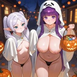 2girls ai_generated black_thong blunt_bangs candy elf elf_ears elf_female exhibitionism exhibitionist fern_(sousou_no_frieren) frieren frieren_beyond_journey's_end ghost_costume halloween huge_breasts jack-o'-lantern kosine1777 large_breasts long_hair long_sleeves night nipples public public_nudity pumpkin pumpkin_basket purple_hair silver_hair small_breasts sousou_no_frieren thong topless trick_or_treat twintails white_hair