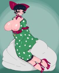 armbinder belt big_breasts bit_gag bondage breasts breasts_out dice dice_hair_ornament exposed_breasts female gag gagged high_heels light-skinned_female light_skin lock lrks