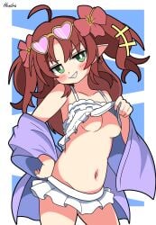 2d arknights bikini blush ear_piercing female female female_only hendra long_ears long_hair looking_at_viewer myrtle_(arknights) red_hair short_skirt showing_breasts smug_face sunglasses sunglasses_on_head taking_off_bra underwear underwear_only white_skin