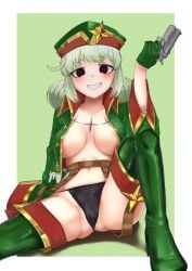 1girls araga_kiwi black_panties breasts cameltoe dark_magical_girl female green_hair gun leopard_(mahou_shoujo_ni_akogarete) leoparde_(mahou_shoujo_ni_akogarete) light-skinned_female magical_girl mahou_shoujo_ni_akogarete marilyn12_25 nipple_slip panties solo