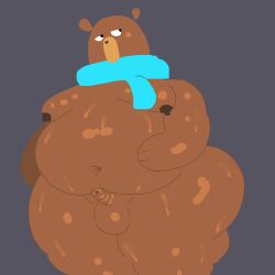 2025 anthro ass balls bear big_butt blue_scarf bodily_fluids brown_body brown_fur duolingo english_description falstaff_(duolingo) fur genitals half-closed_eyes hi_res looking_aside male mammal mostly_nude narrowed_eyes overweight overweight_anthro overweight_male penis remmy052175824 scarf scarf_only simple_background small_penis solo sweat sweaty_body thick_thighs