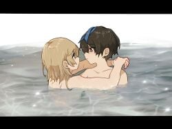 2girls arms_around_partner bathing bathing_together black_hair blonde_hair blue_eyes blue_highlights blush bridget color completely_nude eyes_visible_through_hair fanon_couple guilty_gear guilty_gear_strive letterbox lighting long_hair looking_at_another partially_submerged red_eyes romantic romantic_couple slight_blush trans_woman transfem unika_(guilty_gear) white_background wholesome yanol1022