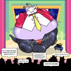 1boy audience bulge_through_clothing colored crowd_watching deltarune_chapter_3 embarrassed humiliation humor inflation null_bulge puffed_cheeks spherical_inflation tenna_(deltarune) text_bubble tv_head