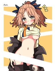 2d arknights blush breasts_out censored censored_pussy clothes_down coat_on_shoulders exposed_pussy female female female_only half_naked hendra looking_at_viewer nipples pinecone_(arknights) red_hair short_hair white_skin