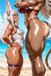 2girls ai_generated ass_focus beach cat_tail catgirl crossed_arms crossover facing_another female from_side ghislaine_dedoldia grey_hair hands_on_hips head_out_of_frame height_difference huge_ass mirko miruko muscular_female mushoku_tensei my_hero_academia pout rabbit_ears rabbit_girl rabbit_tail red_bikini shiny_skin shortstack size_difference spoken_x taller_female taller_girl tan_skin thick_thighs thigh_gap very_sweaty white_hair white_swimsuit wide_hips