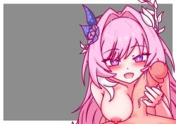 1boy absurdres border breasts captain_(honkai_impact) commentary cyrene_(honkai:_star_rail) english_commentary erection female flower grey_background hair_flower hair_intakes hair_ornament handjob highres honkai:_star_rail honkai_(series) honkai_impact_3rd large_breasts long_hair multicolored_hair nipples nude open_mouth penis pink_hair purple_eyes smile straight textless_version thatpervtako two-tone_hair uncensored very_long_hair white_border white_hair