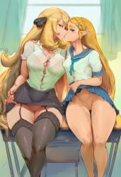 -_-abc 2girls ai_generated blonde_hair classroom cynthia_(pokemon) desk exposed_pussy female kissing looking_at_viewer on_desk pokemon princess_zelda pussy school_uniform schoolgirl skirt skirt_lift teacher the_legend_of_zelda thick_thighs thighs zelda_(breath_of_the_wild) zelda_(tears_of_the_kingdom)