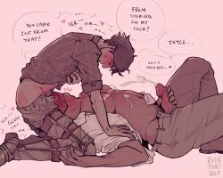 2boys adam's_apple arcane:_league_of_legends arcane_jayce arched_back artist_name blush boots brown_hair clothes_lift collared_shirt commentary cum cum_on_body deepthroat ejaculation english_commentary english_text facial fellatio fingernails full-face_blush grey_pants grey_shirt groin hand_on_another's_arm heart highres jayce_(league_of_legends) kneeling large_pectorals league_of_legends looking_at_another male_focus male_masturbation male_pubic_hair masturbation multiple_boys navel open_clothes open_pants open_shirt oral pants pectorals penis praise profile projectile_cum pubic_hair ruinthatboy shirt shirt_lift short_sleeves simple_background sleeve_cuffs sound_effects speech_bubble throat_bulge viktor_(arcane) viktor_(league_of_legends) white_shirt yaoi