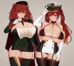 2girls 3d areola_slip areolae azur_lane bikini_top bra breasts cleavage danish_primus dress elbow_gloves eyebrows_visible_through_hair female female_only garter_belt garter_straps gloves hat honolulu_(azur_lane) huge_breasts large_breasts light-skinned_female light_skin looking_at_viewer micro_bikini_top military_hat military_uniform no_bra orange_eyes red_eyes red_hair shiny_skin smile solo thick_thighs thighhighs tied_hair twintails vermelho_(artist) zara_(azur_lane)