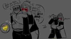 007n7 007n7_(forsaken) 2boys bladder blush blush burger_hat closed_eyes closed_eyes dialogue duo facewear forsaken_(roblox) gay glasses grin grinning hat headwear johndgoonmaster mask noli noli_(forsaken) omorashi peeing peeing peeing_self pissing_self roblox smile smiling standing text text_bubble urine urine