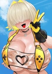 1girls big_breasts blonde_hair breast_focus breasts choker cleavage elegg_(boom_and_shock)_(nikke) elegg_(nikke) female_only gloves goddess_of_victory:_nikke hair hair_over_eyes handwear huge_breasts neckwear official_alternate_costume peace_sign revealing_clothes short_hair skimpy skimpy_bikini sling_bikini smile solo solo_female swimwear the_only_shoe upper_body wet wet_body yellow_sling_bikini