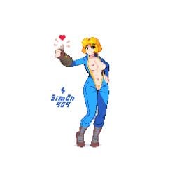 artist_name blonde_hair blonde_pubic_hair blue_jumpsuit boots breasts brown_eyes cleft_of_venus commentary english_commentary fallout female female_pubic_hair full_body grin hand_on_own_hip heart jumpsuit large_breasts long_sleeves looking_at_viewer naked_jumpsuit navel nipples open_jumpsuit pip_boy pixel_art pubic_hair pussy short_hair sim0n404 simple_background smile solo standing thumbs_up vault_girl white_background