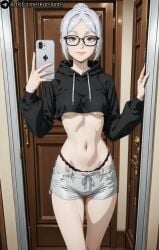 1girls accessory after_sex ai_assisted ai_generated atlantis_k breasts female frieren garter_belt garter_straps glasses hoodie light-skinned_female light_skin lingerie long_hair medium_breasts nipples pale_skin ponytail pussy shaved_pussy sousou_no_frieren stockings thighhighs vagina