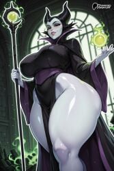 ai_generated bare_thighs black_pupils disney gigantic_breasts grey_body grey_skin horn horns huge_breasts huge_thighs looking_down low-angle_view maleficent massive_breasts mature_female milf oiled_body oiled_skin sleeping_beauty_(1959_film) smiling solo_female squatting sweat sweatdrop thick_body thick_female thick_thighs thighs thighs_bigger_than_head voluptuous voluptuous_female yashugai yellow_eyes