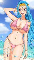 1girls beach bikini blue_hair breasts female female_only hiyozuki jewelry navel navel_piercing nefertari_vivi one_piece smile solo solo_female standing