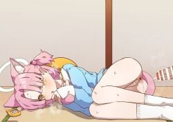 1boy after_anal after_sex animal_ear_fluff animal_ears blue_archive blue_shirt bottomless cat_ears cat_girl cat_tail chlorella_observation_club_member_(blue_archive) cum cum_string female hair_bobbles hair_ornament halo highres hugging_own_tail hugging_tail kindergarten_uniform lying mountain_han on_side out_of_frame penis pink_hair shirt short_hair socks sweat tail white_socks yellow_eyes