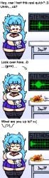 1girls angry anonymous_character big_breasts blue_hair chicken chubby comic confused derp777 dialogue dissapointed fat floating_hands friday_night_funkin growling hungry onomatopoeia overweight pissed_off request requested skirt skyblue skyblue_(friday_night_funkin) stethoscope table tagme text thighhighs white_background