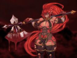 abs absurdres axe blood blood_on_face breasts dark_elf drugalek elf flaming_eye glowing glowing_eyes highres jewelry large_breasts long_hair milka01477 muscular muscular_female pointy_ears ponytail red_hair tattoo thick_thighs thighhighs thighs weapon