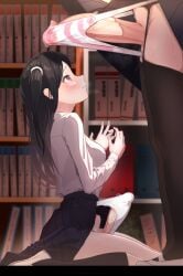 2022 2futas big_penis black_hair blush breasts clothed clothing dominant_futanari duo erection erection_in_panties erection_under_clothes erection_under_skirt futa_on_futa futa_only futadom futanari futasub garter_straps huge_cock human indoors kneeling light-skinned_futanari light_skin long_hair looking_up original original_character pale_skin penis penis_awe penis_size_difference precum precum_drip precum_stain precum_through_clothing purple_eyes school_uniform shimapan solo_focus standing stretching_panties striped_panties submissive_futanari tenting thick_thighs thighhighs thighs tontekiss veiny_penis visible_breath