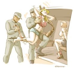 2boys 2girls bondage captured dog_catcher_pole erenisch groping groping_breasts high_heels illustration legal_slavery miniskirt