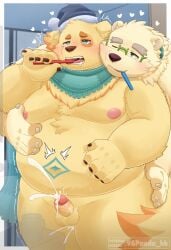 96panda anal anthro bathroom bear belly bird_dog blush bodily_fluids brush brushing brushing_teeth canid canine canis cu_sith_(tas) cum cum_in_ass cum_inside cum_while_penetrated domestic_dog duo eyebrows fur genital_fluids golden_retriever groping_from_behind hi_res hunting_dog leib_(tas) lifewonders male male/male male_penetrated male_penetrating male_penetrating_male mammal navel nipples orgasm overweight penetration polar_bear retriever sex thick_eyebrows tokyo_afterschool_summoners toothbrush ursine white_body white_fur yellow_body yellow_fur