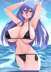 1girls alternate_breast_size arm_behind_head armpits arms_up bikini black_bikini blue_hair blush breasts cleavage dura earrings eyebrows_visible_through_hair female halterneck highres huge_breasts iris_heart long_hair looking_at_viewer navel neptunia_(series) ocean open_mouth outdoors plutia power_symbol red_eyes side-tie_bikini skindentation smile solo swimsuit symbol-shaped_pupils water wet