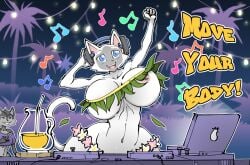 anthro big_breasts breasts computer domestic_cat drinking_straw duo electronics felid feline felis female glass_jar grass_skirt hayakain headphones huge_breasts juice_(beverage) kitty_(hayakain) laptop mammal musical_note musical_symbol naari_(hayakain) nipples scissors symbol