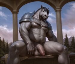 2025 aduran armor balls biceps bodily_fluids equid equine flaccid foreskin genitals hair hi_res horse humanoid_genitalia humanoid_penis looking_at_viewer male mammal muscular muscular_male navel nipples outside pauldron pecs penis plant sitting solo sweat tree unretracted_foreskin