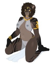 1girls amber_eyes anthro armlet barefoot bocas_top bracelet brown_fur brown_hair cat_ears cat_girl cat_tail catgirl circlet fangs furry kitsunewaffles-chan kneeling loincloth original original_character see-through_clothing voluptuous