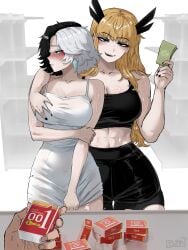 2girls arm_around_partner blush breast_grab breast_squeeze buying_condoms covering_self dominant dominant_futa embarrassed_female gybeth luna_snow_(marvel_rivals) magik_(marvel_rivals) marvel marvel_comics marvel_rivals money paying pov shy