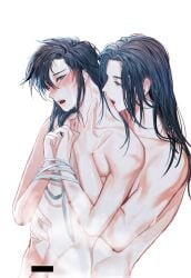2boys alternate_hairstyle anal bar_censor bishounen bite_mark biting biting_neck black_hair blush bondage bound bound_wrists censored collarbone completely_nude crying ear_blush grey_eyes hair_down hickey highres hug hug_from_behind implied_sex jujeop lan_wangji long_hair looking_at_another male_focus modao_zushi multiple_boys navel nipples nude oerba_yun_fang open_mouth pectorals penis ribbon ribbon_bondage sex sex_from_behind simple_background steam tears teeth toned toned_male wei_wuxian wet wet_face wet_hair white_background white_ribbon yaoi yellow_eyes