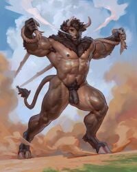 2025 4:5 5_fingers abs anthro armpit_hair balls biceps black_nose body_hair bovid bovine brown_body brown_fur brown_hair cloud cloven_hooves digital_media_(artwork) dust_cloud dutch_angle facial_hair fingers flaccid foreskin fur genitals hair hi_res hooves horn humanoid_genitalia humanoid_penis low-angle_view male mammal muscular muscular_anthro muscular_male nipples nude_anthro nude_male outside penis pose pubes rope rope_pull ruff signature sky solo standing steam_from_nostrils tail tail_tuft taran_fiddler thick_thighs tuft vein veiny_muscles