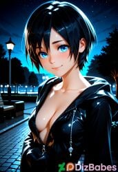 1girls ai_generated black_coat black_gloves black_hair blue_eyes cleavage collarbone disney dizbabes female female_only hood_down kingdom_hearts looking_at_viewer night organization_xiii outdoors public short_hair smile smiling_at_viewer solo_female square_enix stable_diffusion three_quarter_view undressing unzipped unzipping upper_body xion