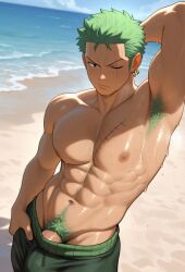 abs ai_art ai_generated armpit armpit_fetish armpits bara beach bulge bushy_pubes green_hair hairy_armpits hairy_chest hairy_cock male male_only manly muscles muscular muscular_male musk_fetish musky_armpit one-piece_swimsuit one_piece penis pubes pubic_hair roronoa_zoro scar sweat sweating sweaty tanned yaoi