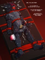 1boy anthro ball_gag balls bondage bound cock_and_balls_torture ejaculation electrostimulation english_text forced_orgasm fur genitals hi_res junkieboi male nipples penis_milking penis_milking_machine restraints solo sweat tail whip_marks