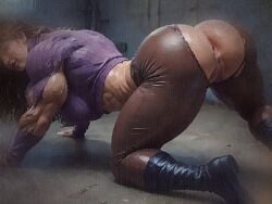 1girls ai_generated anus ass boots brown_hair brunette large_ass large_butt leather leather_boots leather_pants long_hair looking_at_viewer muscular muscular_female oc original_character solo solo_female sweater torn_clothes torn_clothing torn_pants torn_sweater turtleneck turtleneck_sweater vagina wavy_hair