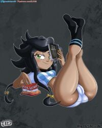 ass black_hair digital_media_(artwork) fanart female female_only freckles glitch_productions green_eyes human jackintaro looking_at_viewer murder_drones panties pantyshot ribbons simple_background soccer_uniform socks tessa_elliot underwear