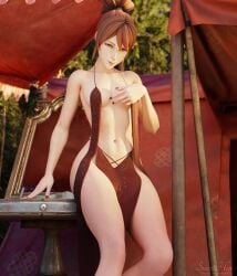 1girls 3d amber_eyes dota_2 dress hand_on_breast looking_at_viewer marci_(dota) ponytail red_dress red_hair revealing_clothes seductive small_breasts smile solo sweethime tent thighs