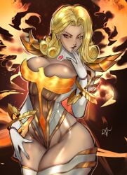 arialla_draws artist_signature big_breasts blonde_hair busty cleavage curvy emma_frost emma_frost_(marvel_rivals) fire light-skinned_female light_skin marvel marvel_rivals phoenix_force small_waist thick_thighs thighhighs x-men yellow_eyes