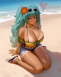 1girls 2d ai_generated aqua_hair ass barefoot big_ass big_breasts bikini bracelet brazilian_miku breasts dark-skinned_female earrings erophoenix eyewear_on_head feet full_body grin hair_flower hair_ornament hatsune_miku huge_breasts jewelry kneeling long_hair looking_at_viewer looking_back nail_polish patreon_username shorts smile soles solo solo_female sunglasses swimsuit tan tellow_shirt thick thick_thighs toes uncensored vocaloid
