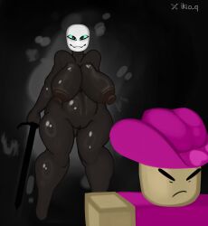 big_ass big_breasts big_nipples black_body black_eyes black_skin creature creepy die_of_death_(roblox) eyes_open huge_breasts monster monster_girl mouth_hold pursuer_(die_of_death) roblox robloxian simple_background sword thick_ass thick_ass_monster thick_thighs