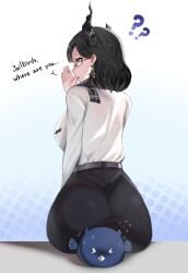 1girls ass big_ass black_hair blue_hair bottom_heavy female glasses hololive hololive_english hololive_english_-advent- horn iggy2077 jailbird_(nerissa_ravencroft) nerissa_ravencroft office_lady scarf shirt sitting sitting_on_person skirt text virtual_youtuber