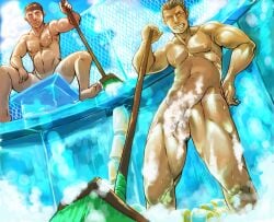 2015 2boys balls closed_eyes grin kingyocircus male male_only muscular naked nipples original penis tagme tan_skin tanline veiny_penis