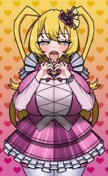 1girls blonde_hair blush don_quixote_(limbus_company) female female_only forked_tongue hair_ornament heart_hair_ornament heart_symbol huge_breasts light-skinned_female light_skin limbus_company long_hair looking_at_viewer naughty_face open_mouth project_moon solo tied_hair tongue tongue_out twintails yellow_eyes
