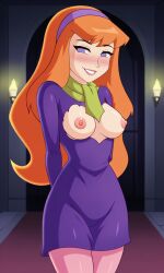 1girls ai_generated blush breasts breasts_out daphne_blake derpixon exposed_breasts female haunted_house headband naughty_face ndsilver059 nipples orange_hair pantyhose purple_dress purple_eyes scarf scooby-doo solo solo_female solo_focus stockings tagme torn_clothes torn_clothing