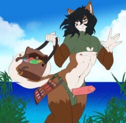 5_fingers anthro biped black_hair brown_body brown_fur canid canine canis countershade_fur countershade_tail countershade_torso countershading domestic_dog erection femboy fingers fur genitals glans gloves_(marking) hair hi_res humanoid_genitalia humanoid_penis male mammal markings munkeesgomu navel oro_(ungoliant) penis plant potion satchel solo tail