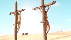 2girls 3d alexbridger back_view beru_whitesun_lars black_hair blonde_hair bondage completely_nude completely_nude_female crucifixion females_only nude nude_female shmi_skywalker star_wars
