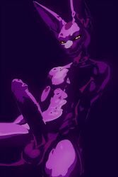 anthro balls beerus big_penis domestic_cat dragon_ball dragon_ball_super felid feline felis genitals hairless hairless_cat hi_res humanoid humanoid_genitalia humanoid_penis male mammal muscular muscular_male penis purple_body simple_background sitting solo tbagbtw