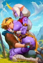 1boy 1girls ai_generated ass ass_grab big_breasts blonde_hair breasts butt_squish closed_eyes clothed_male curved_horn ear_piercing earrings ezreal female female_on_top femdom gloves goat_girl goggles goggles_on_head grabbing_ass hoop_earrings hooves horn horned_humanoid huge_breasts human humanoid_pointy_ears jacket kissing kneeling large_breasts larger_female league_of_legends long_hair lucakp male milk milking mommy outdoors outside pointy_ears ponytail purple_body purple_nipples purple_skin short_hair side_view sitting size_difference smaller_male soraka spread_legs straight submissive_male sucking sucking_nipples tattoo thick_thighs thighs white_hair yellow_eyes